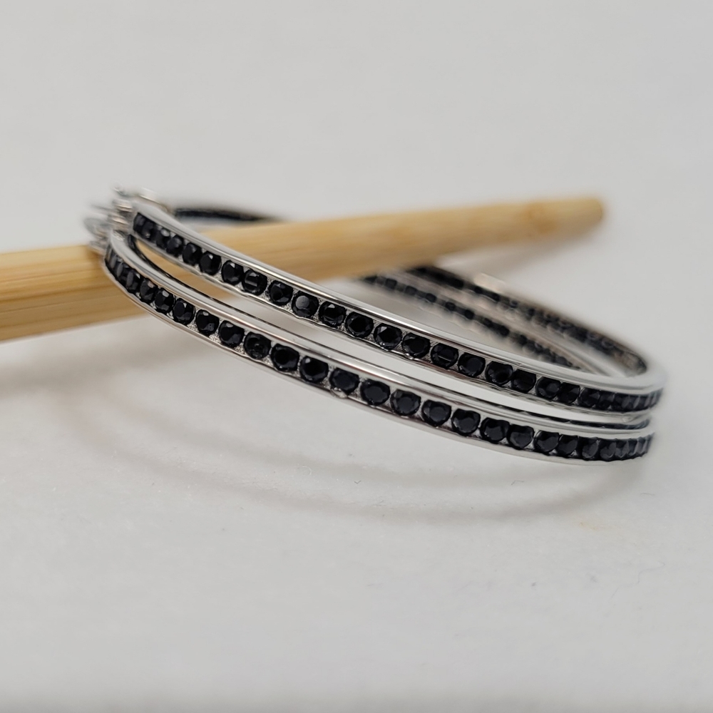 Sterling Silver 2" Black Spinel Hoops - Picture 8 of 12